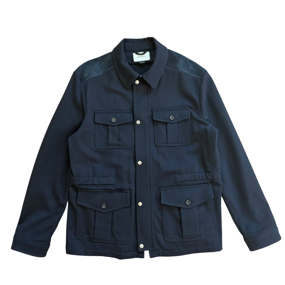 Gucci Mens Black Suede Trim Field Jacket Utility Coat IT 56 Made in Italy